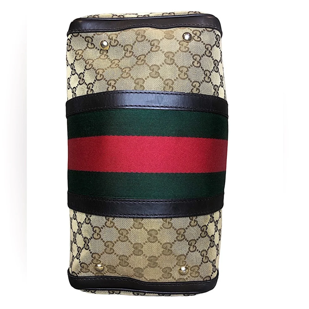 GUCCI GG Sherryline Boston Duffel Bag with Red and Green Stripe Removable Strap*